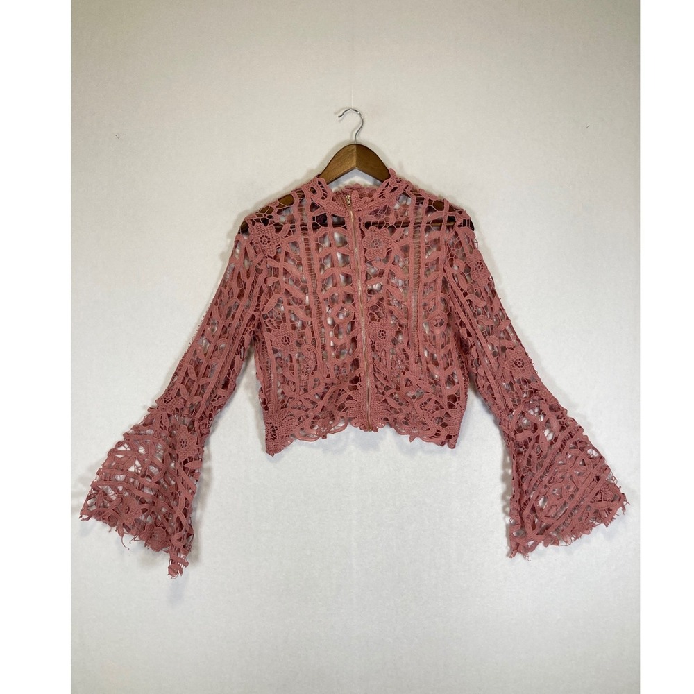 Whimsical Romantic It's Pink Women XL Dusty Rose Crochet Lace Bell Slv Crop Top - Picture 2 of 10